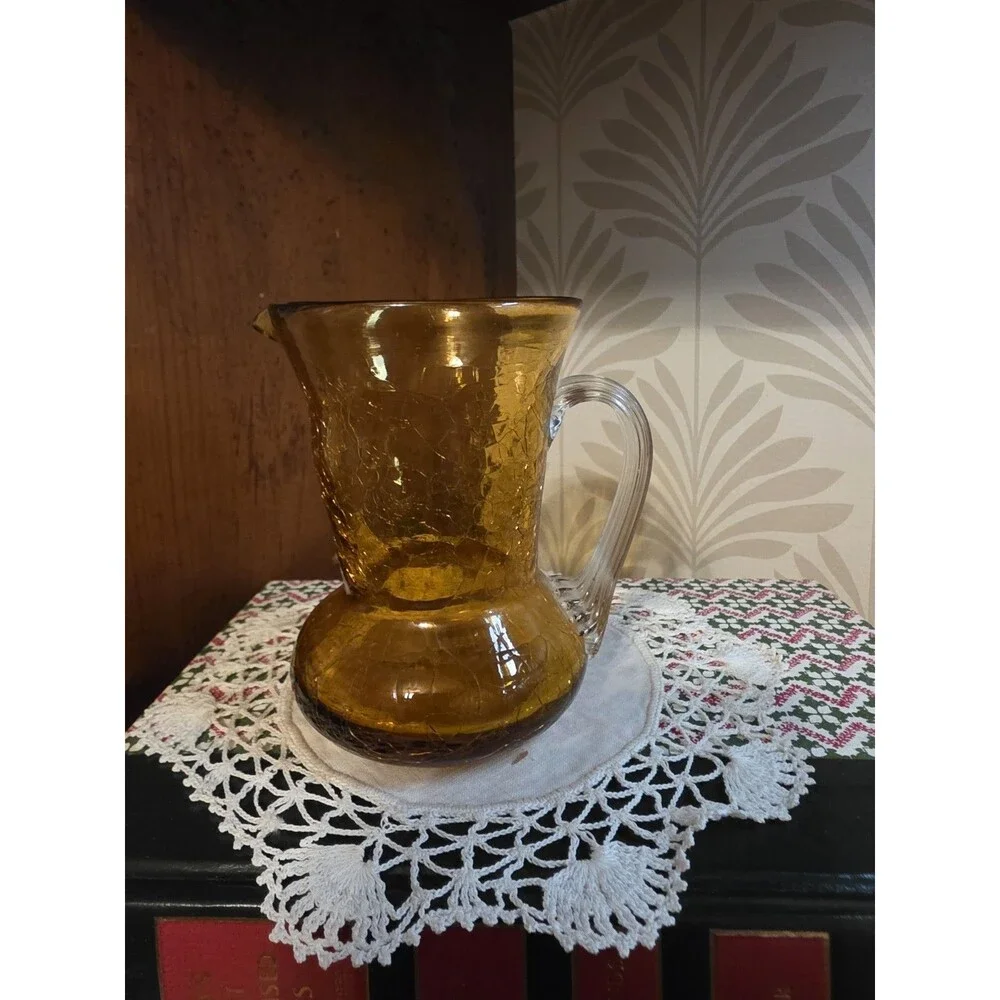 Vintage Pilgrim Amber Crackle Glass Pitcher Vase Hand Blown Clear Handle MCM